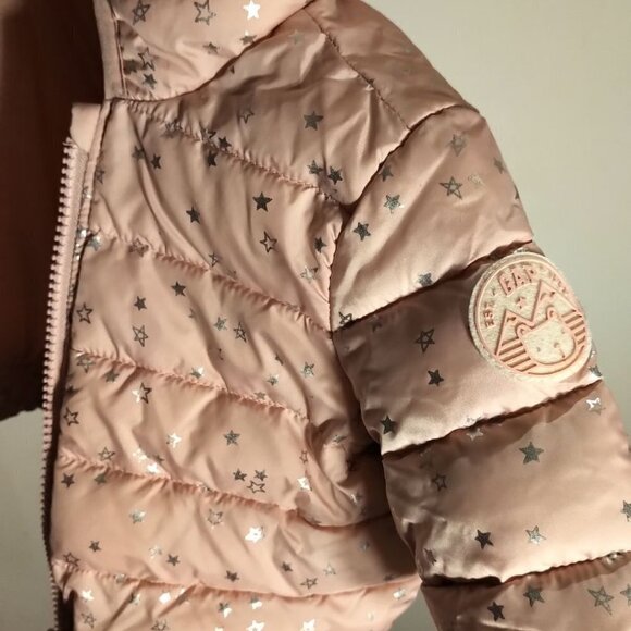 🍉2/40🍉NWOT Baby Gap Puffer Jacket 0-6 Months Salmon Pink Metallic Silver Stars - Picture 7 of 16